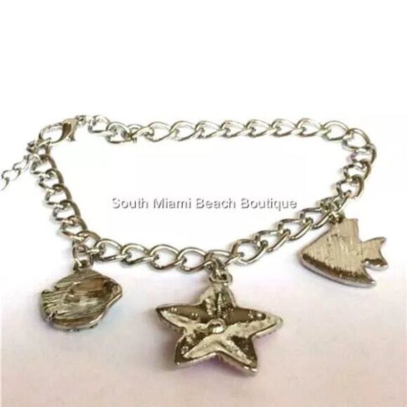 Sea Life Charm Bracelet Starfish Angel Fish 7-9" Silver Plated Crystal Enamel - Picture 10 of 12